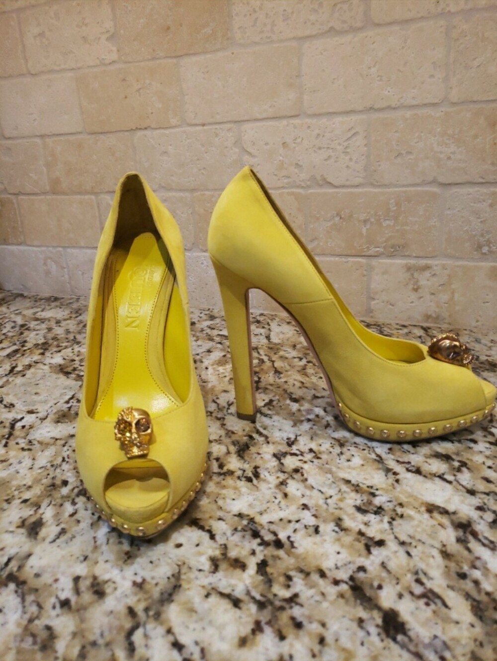 Alexander McQueen Yellow Suede Skull-Accent High Heel Peep-Toe Pumps